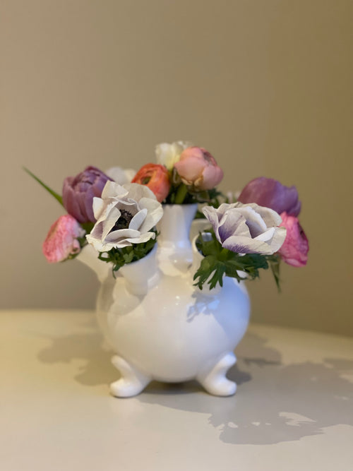 White Tulip Vase on legs with flowers